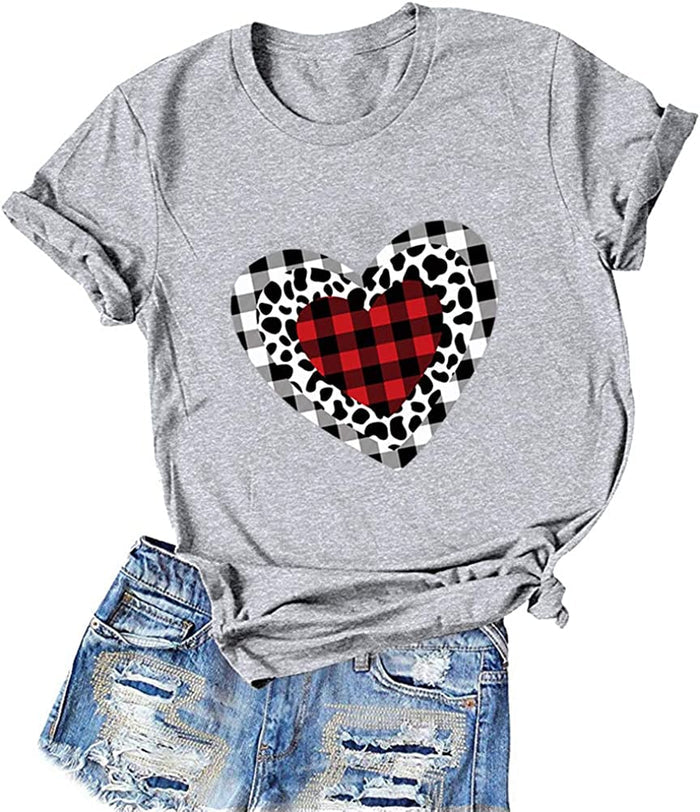 Women Buffalo Plaid & Leopard Heart T-Shirt