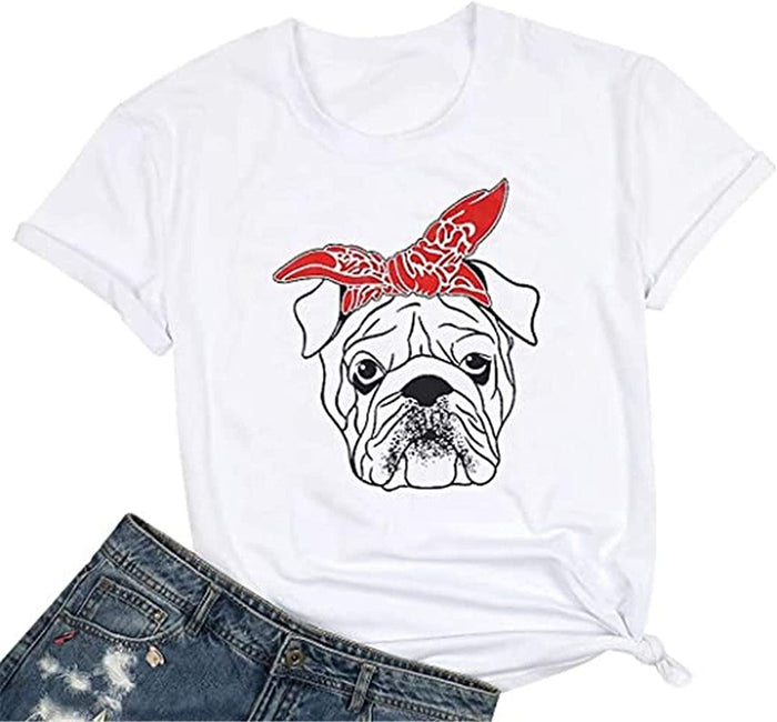 Women Bulldog with Bandana T-Shirt Cute Dog Graphic Shirt