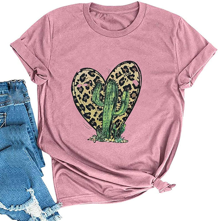 Women Cactus Leopard Heart T-Shirt Cactus Shirt