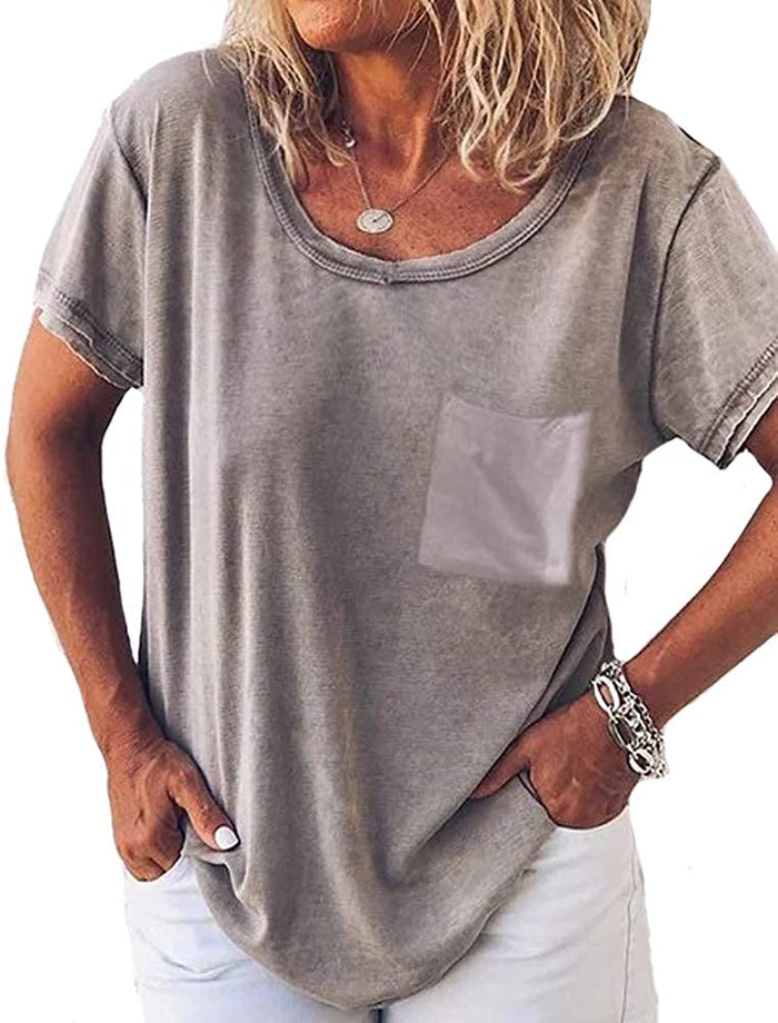 Women Casual T-Shirt with Pocket Decoration