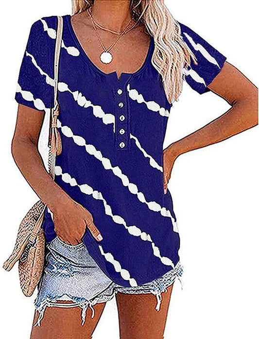 Women Casual Tie Dye Stripe T-Shirt Tunic Shirt with Buttons