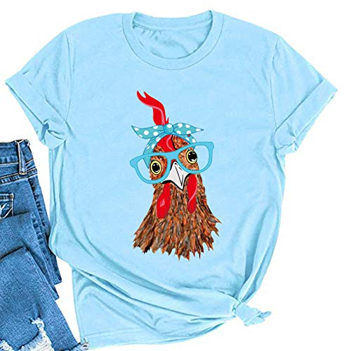 Women Chicken with Glasses Bandana Tee Shirt Cute Chicken T-Shirt