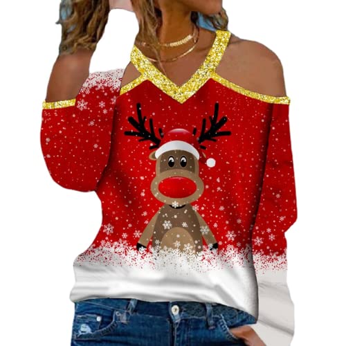 Women Christmas Lights Shirt Cute Deer Christmas Tee V-Neck Fashion Blouse