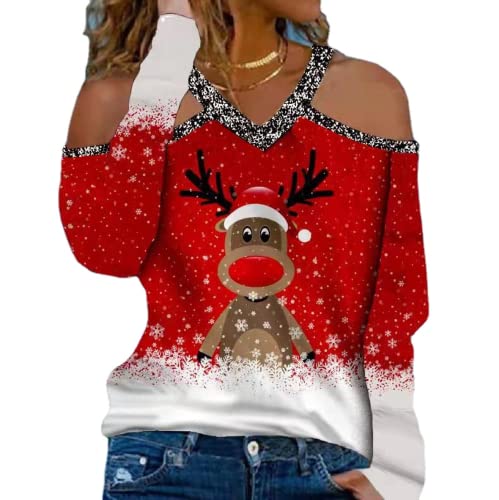 Women Christmas Lights Shirt Cute Deer Christmas Tee V-Neck Fashion Blouse