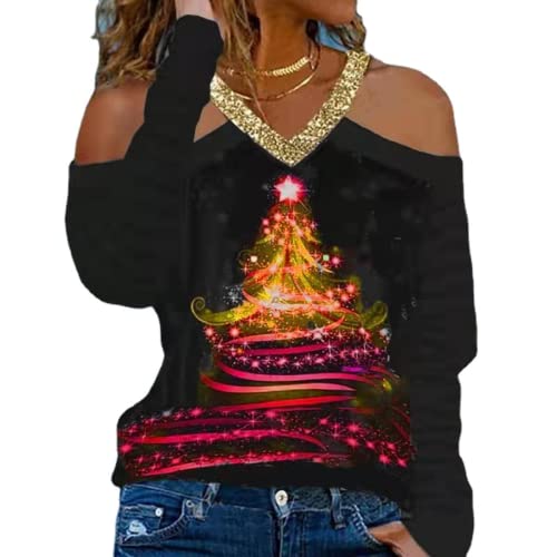 Women Christmas Lights Shirt Cute Deer Christmas Tee V-Neck Fashion Blouse