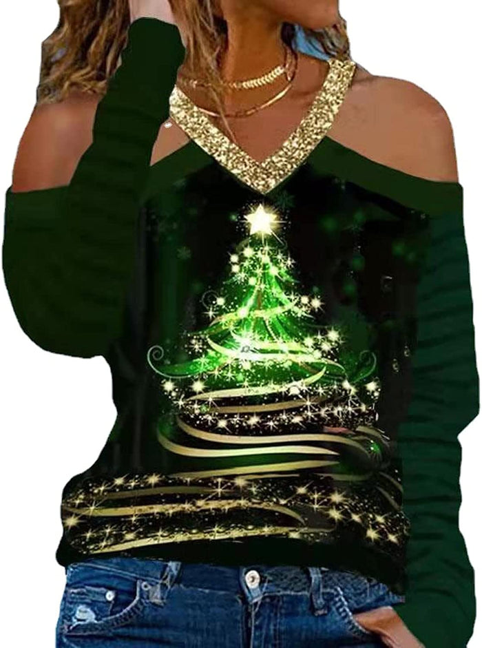 Women Christmas Lights Shirt Cute Deer Christmas Tee V-Neck Fashion Blouse