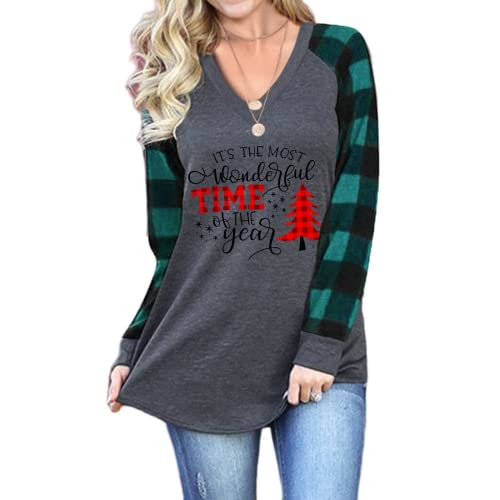Women Christmas Print V-Neck Long Sleeved Shirt Christmas Blouse