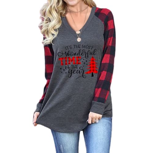 Women Christmas Print V-Neck Long Sleeved Shirt Christmas Blouse