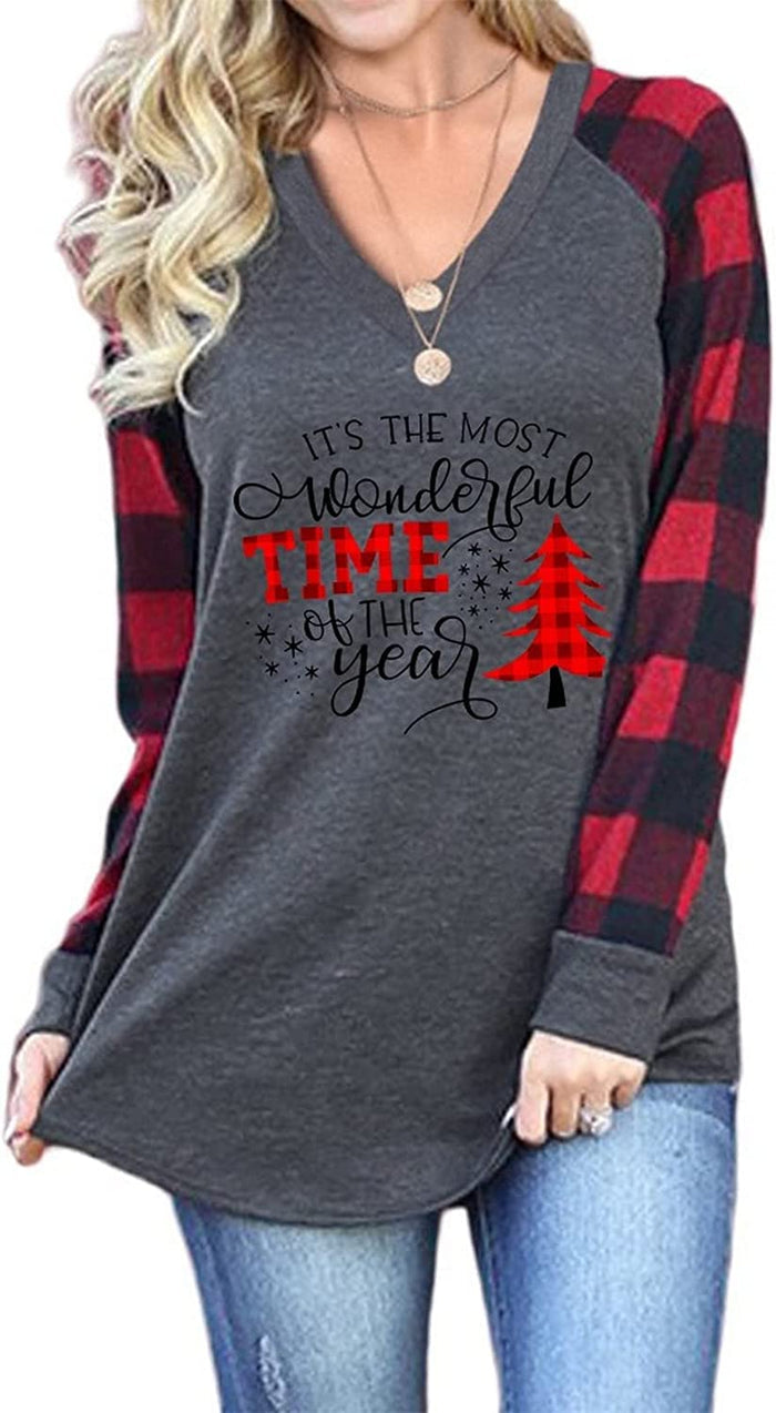 Women Christmas Print V-Neck Long Sleeved Shirt Christmas Blouse