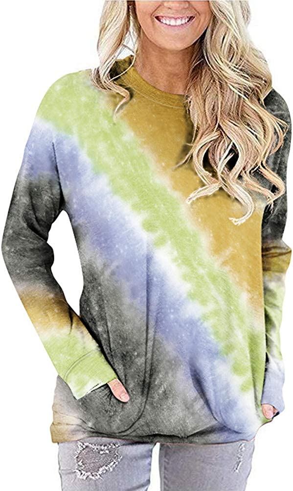 Women Colourful Gradient Long Sleeve Tie Dye Blouse with Pockets