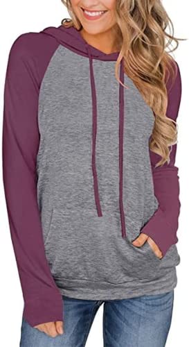 Women Contrasting Color Raglan Sleeve Hooded Pocket Shirt Fashion Blouse