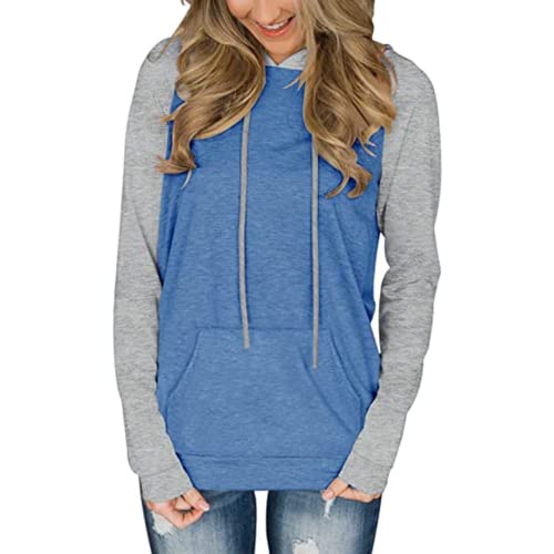 Women Contrasting Color Raglan Sleeve Hooded Pocket Shirt Fashion Blouse