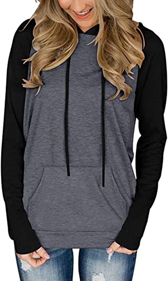 Women Contrasting Color Raglan Sleeve Hooded Pocket Shirt Fashion Blouse