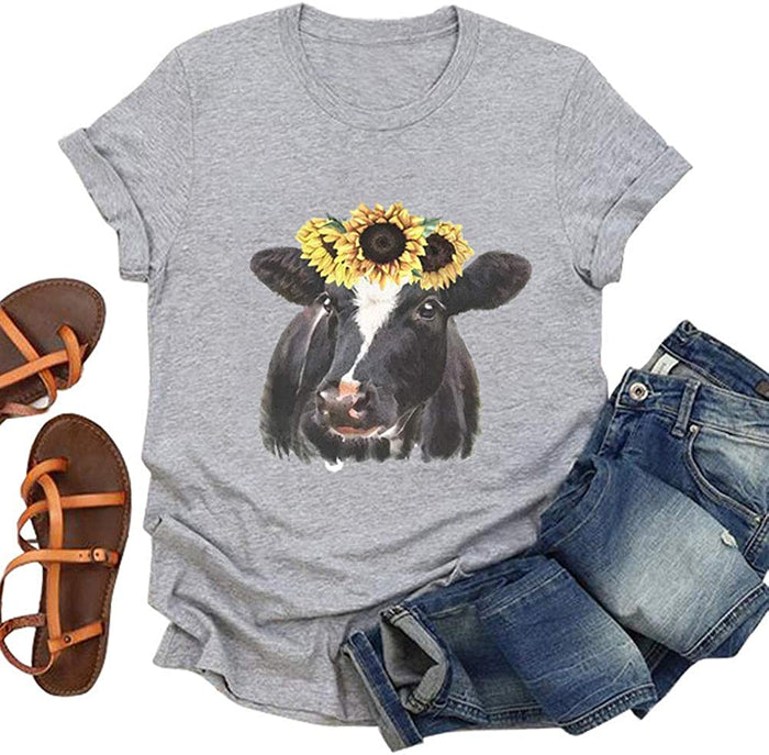 Women Cow with Sunflowers T-Shirt Sunflower Cow Shirt