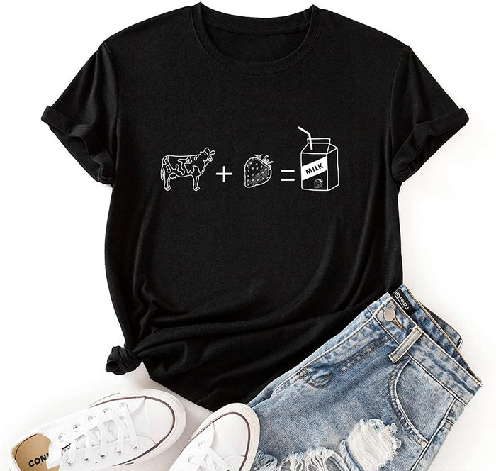 Women Cows Strawberry Milk Funny Graphic T-Shirt