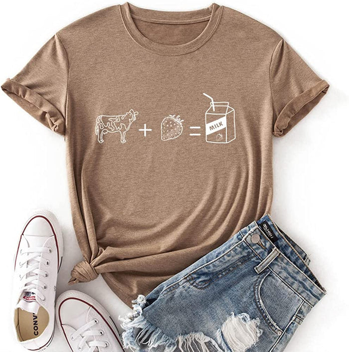 Women Cows Strawberry Milk Funny Graphic T-Shirt