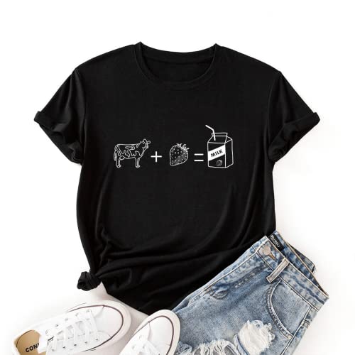 Women Cows Strawberry Milk Funny Graphic T-Shirt