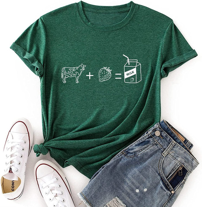 Women Cows Strawberry Milk Funny Graphic T-Shirt