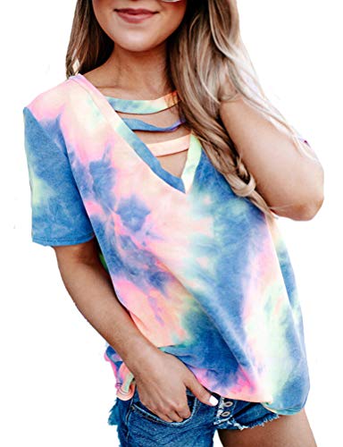 Women Cut Out V Neck Tie Dye Fashion T-Shirt