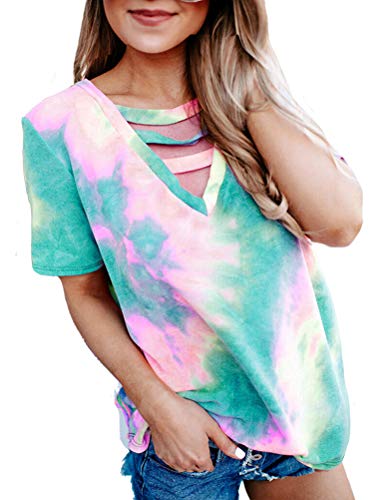 Women Cut Out V Neck Tie Dye Fashion T-Shirt