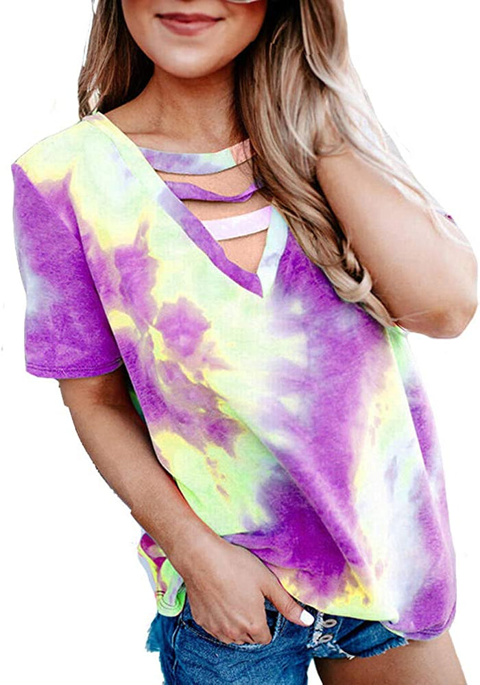 Women Cut Out V Neck Tie Dye Fashion T-Shirt