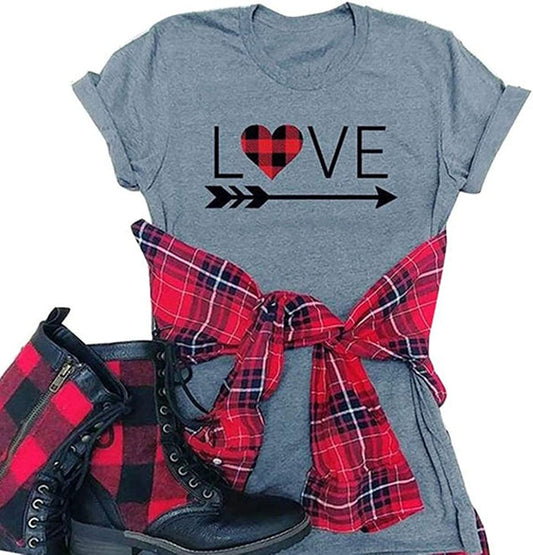 Women Cute Love Shirt Red Buffalo Plaid Heart Valentine's Day Shirt
