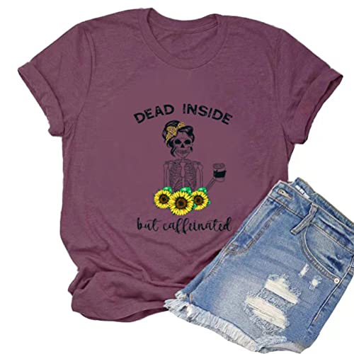 Women Dead Inside But Caffeinated Sunflower T-Shirt Skull Shirt for Women