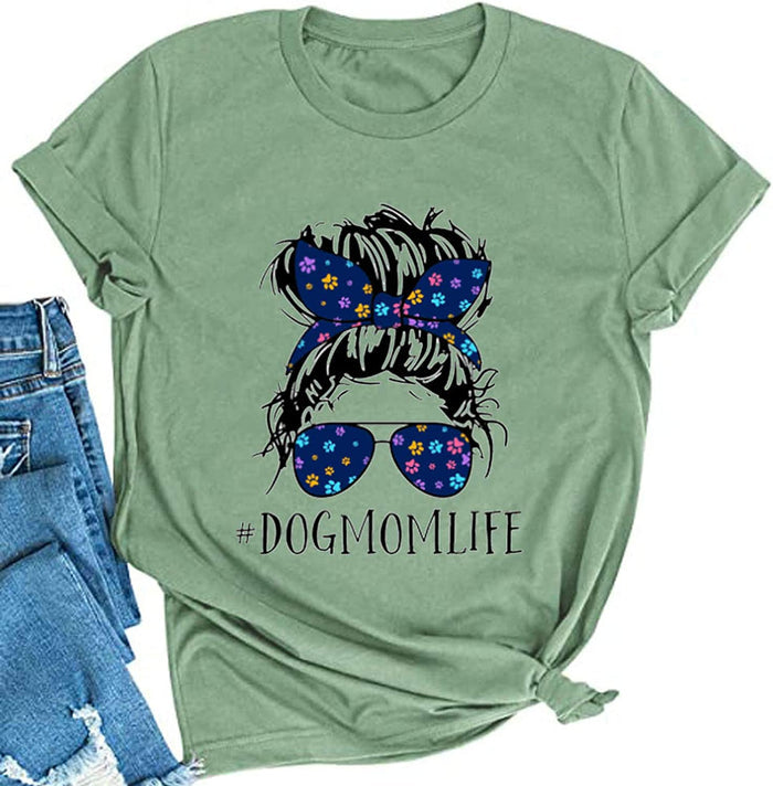Women Dog Mom Life T-Shirt Cute Graphic Shirt for Dog Lovers