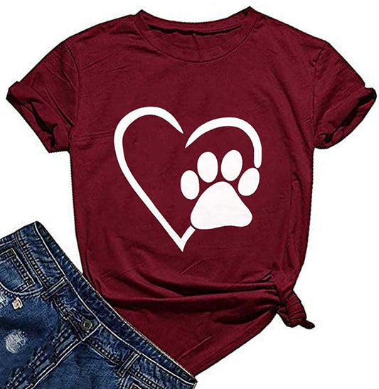 Women Dog Paw Love Heart T-Shirt Dog Mom Shirt