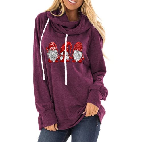 Women Drawstring Hooded Sweater Santa Claus Loose Long Sleeve Sweatshirt