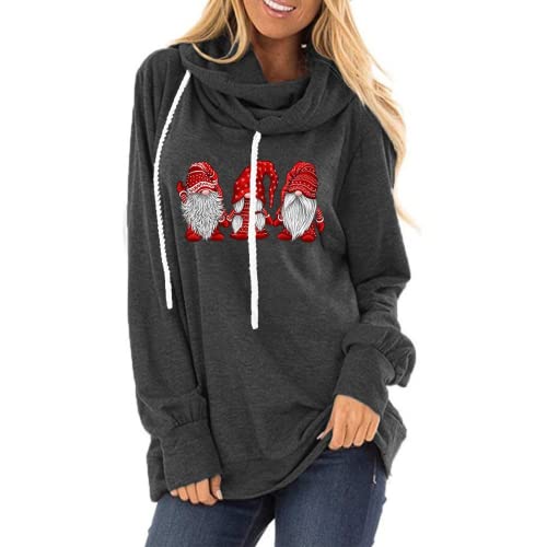 Women Drawstring Hooded Sweater Santa Claus Loose Long Sleeve Sweatshirt