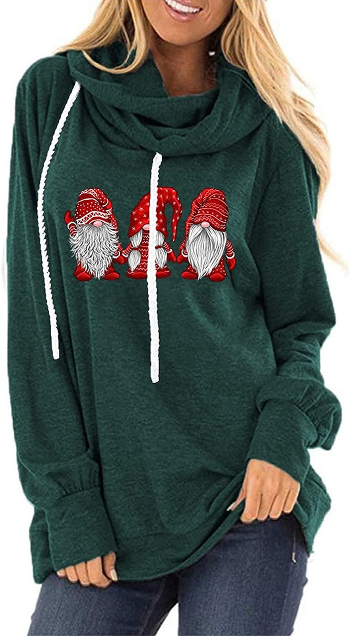 Women Drawstring Hooded Sweater Santa Claus Loose Long Sleeve Sweatshirt