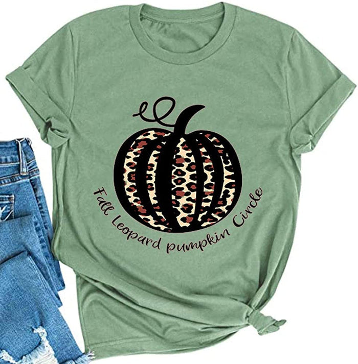 Women Fall Leopard Pumpkin Circle T-Shirt Pumpkin Shirt