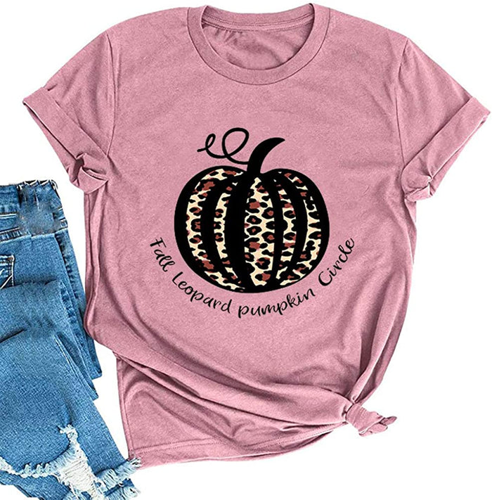 Women Fall Leopard Pumpkin Circle T-Shirt Pumpkin Shirt