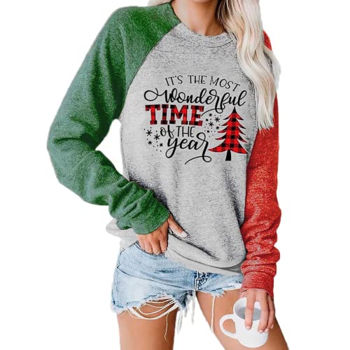 Women Fashion Sweater Christmas Tree Print Round Neck Long Sleeve Sweatshirt