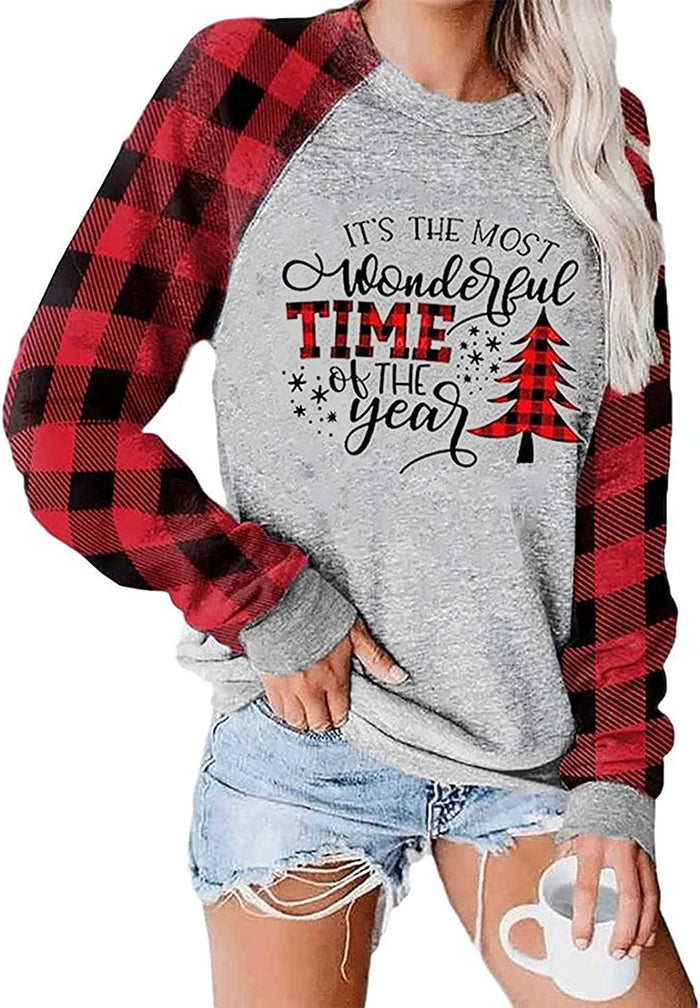 Women Fashion Sweater Christmas Tree Print Round Neck Long Sleeve Sweatshirt