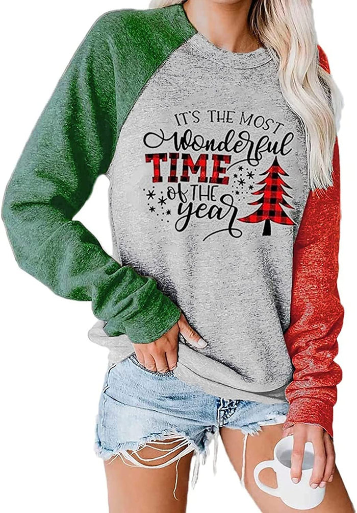 Women Fashion Sweater Christmas Tree Print Round Neck Long Sleeve Sweatshirt