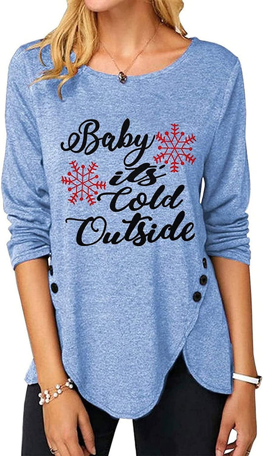 Women Fashion Top Christmas Snowflake Letter Irregular Button Long Sleeve Round Neck T-Shirt