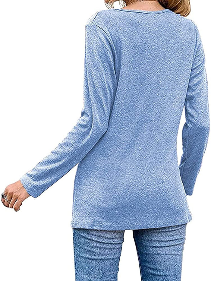 Women Fashion Top Christmas Snowflake Letter Irregular Button Long Sleeve Round Neck T-Shirt