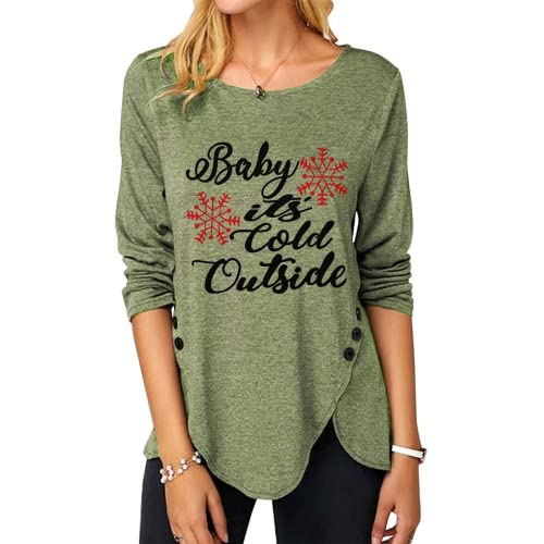 Women Fashion Top Christmas Snowflake Letter Irregular Button Long Sleeve Round Neck T-Shirt
