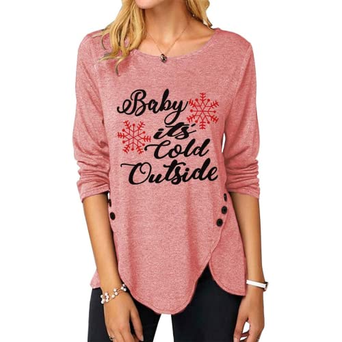 Women Fashion Top Christmas Snowflake Letter Irregular Button Long Sleeve Round Neck T-Shirt