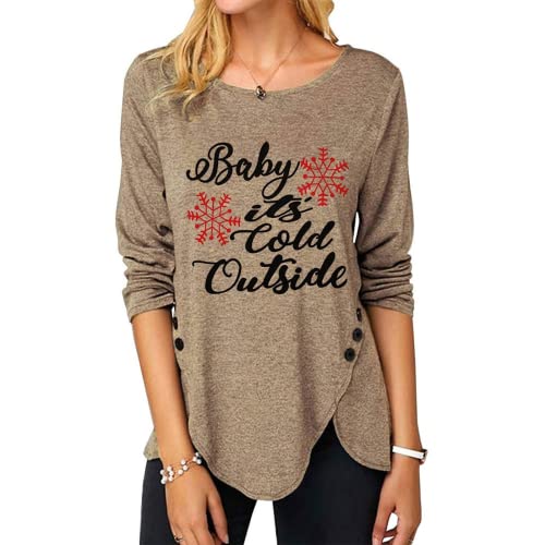 Women Fashion Top Christmas Snowflake Letter Irregular Button Long Sleeve Round Neck T-Shirt