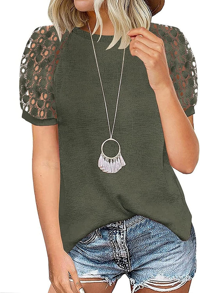 Women Fashion Tops Grace Stitching Round Neck Short-Sleeved Shirt