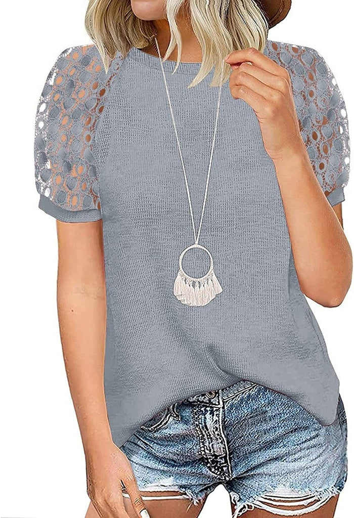 Women Fashion Tops Grace Stitching Round Neck Short-Sleeved Shirt