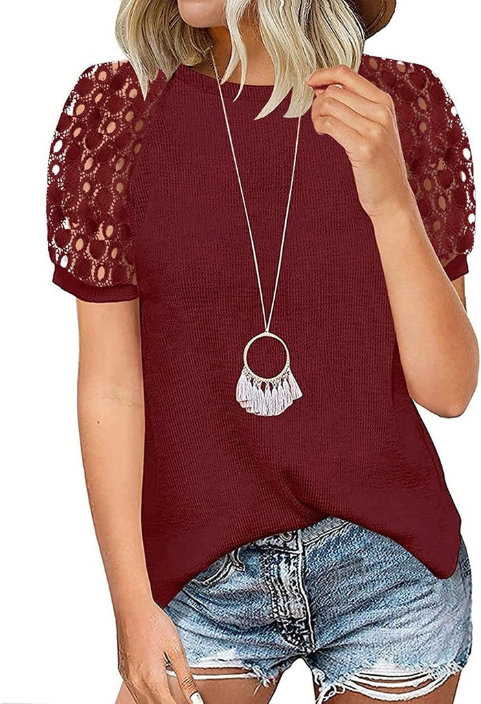 Women Fashion Tops Grace Stitching Round Neck Short-Sleeved Shirt