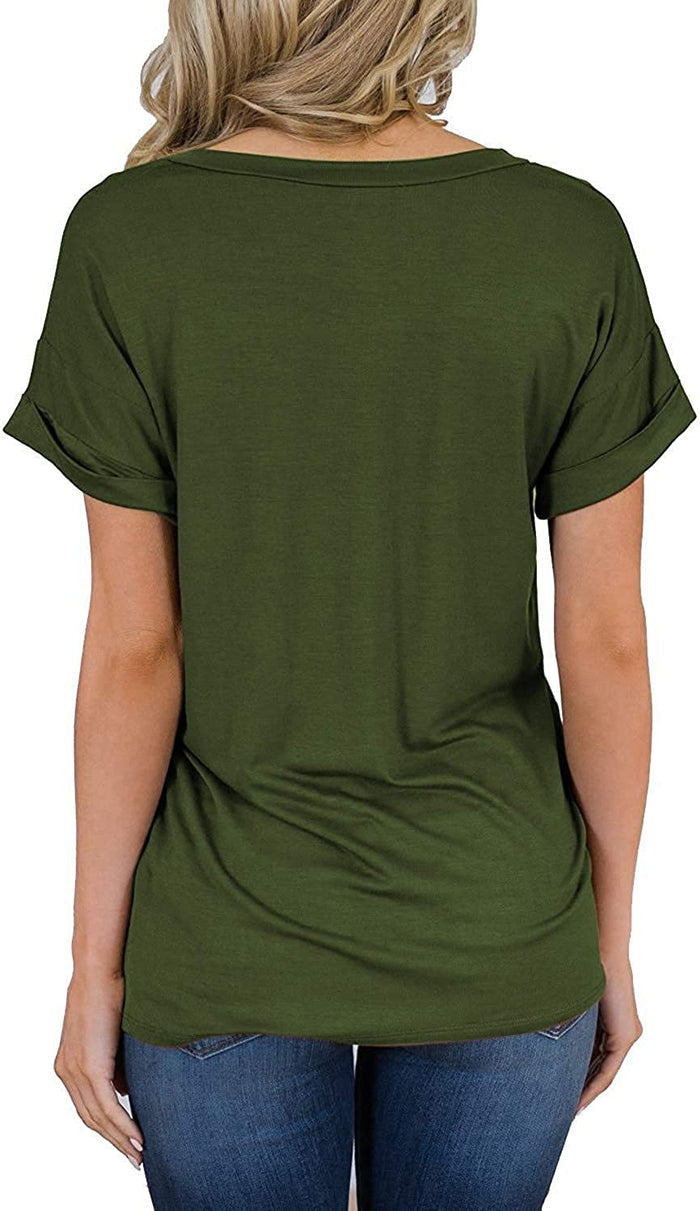Women Fashion V Neck Tunic Shirt Basic T-Shirt with Pocket