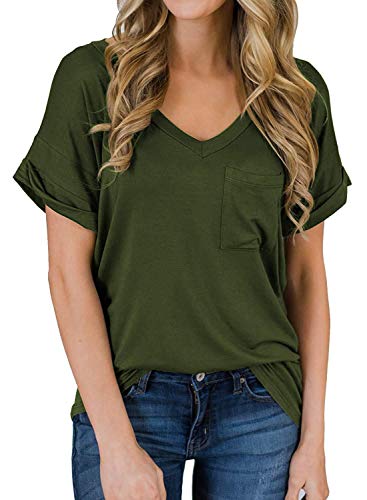Women Fashion V Neck Tunic Shirt Basic T-Shirt with Pocket