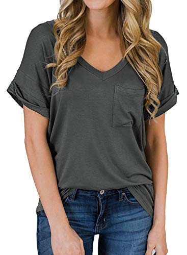 Women Fashion V Neck Tunic Shirt Basic T-Shirt with Pocket