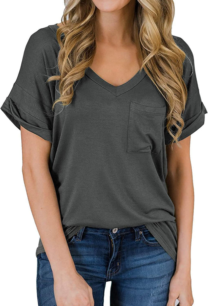 Women Fashion V Neck Tunic Shirt Basic T-Shirt with Pocket