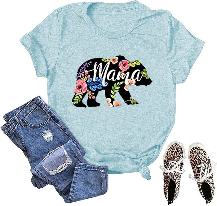 Women Floral Mama Bear T-Shirt Mama Graphic Shirt